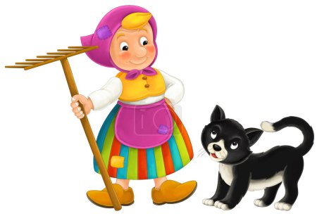 Photo for Cartoon farm character farmer woman girl woman with happy black cat isolated illustration for kids - Royalty Free Image