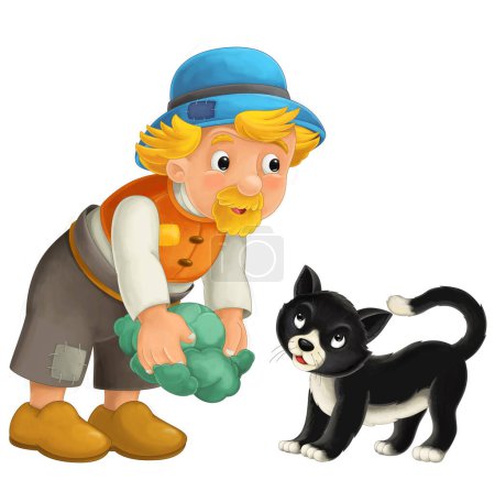 Photo for Cartoon farm character farmer man boy child with happy black cat isolated illustration for kids - Royalty Free Image
