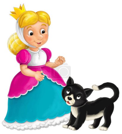 Photo for Cartoon character - royal princess cheerful standing and smiling with happy black cat isolated illustration for children - Royalty Free Image