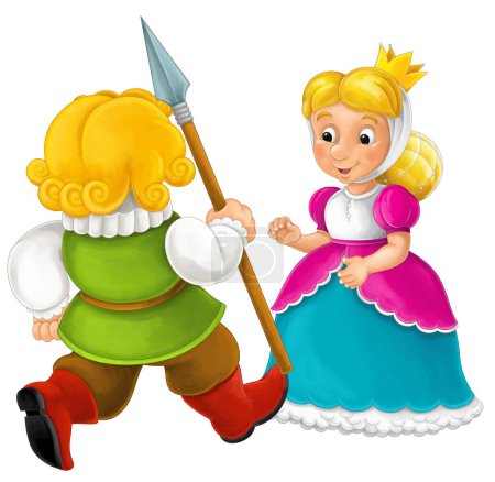 scène de dessin animé avec médiéval heureux chevalier roi ou serviteur en armure avec princesse souriante illustration isolée pour les enfants