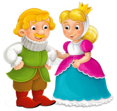 scène de dessin animé avec médiéval heureux chevalier roi ou serviteur en armure avec princesse souriante illustration isolée pour les enfants