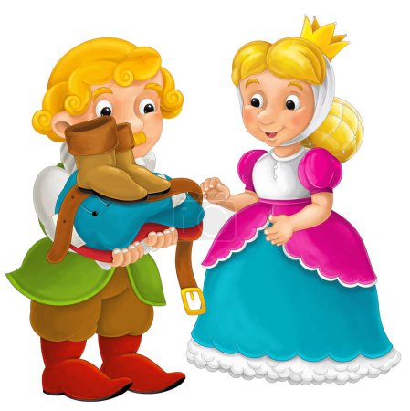 Foto de Escena de dibujos animados con rey caballero feliz medieval o sirviente en armadura con princesa sonriente ilustración aislada para niños - Imagen libre de derechos