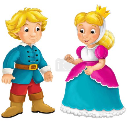 Foto de Dibujos animados feliz y divertido caballero o rey con la princesa sonriente ilustración aislada para niños - Imagen libre de derechos
