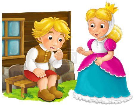 Téléchargez les photos : Cartoon ferme caractère agriculteur homme garçon enfant avec princesse souriante illustration isolée pour les enfants - en image libre de droit