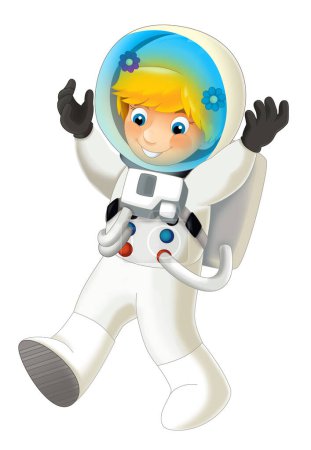 Foto de Dibujos animados cosmonauta científico chica volando en el espacio sonriendo ilustración para niños - Imagen libre de derechos