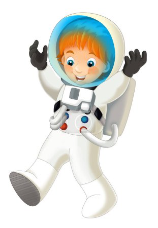 Dessin animé cosmonaute scientifique garçon volant dans l'espace sourire illustation pour les enfants