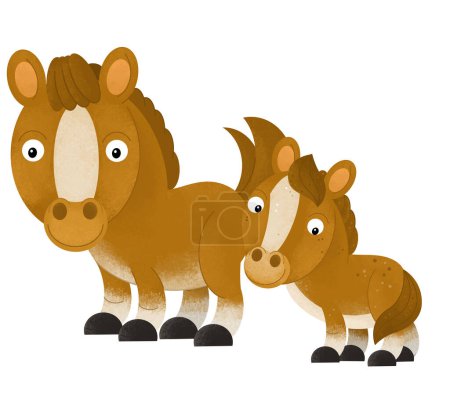 Téléchargez les photos : Scène de dessin animé avec cheval étalon poney avec des animaux de ferme pour enfants illustration de fond isolé pour les enfants - en image libre de droit