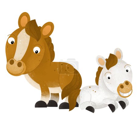 Téléchargez les photos : Scène de dessin animé avec cheval étalon poney avec des animaux de ferme pour enfants illustration de fond isolé pour les enfants - en image libre de droit