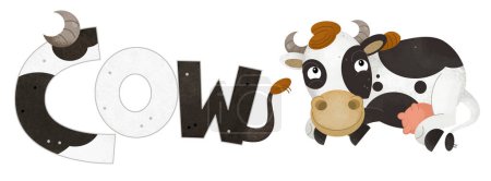 Téléchargez les photos : Scène de dessin animé avec vache heureuse taureau ferme animal thème avec modèle de nomIllustration de fond isolé pour enfants - en image libre de droit
