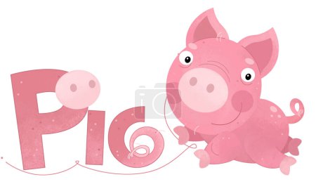 Téléchargez les photos : Scène de dessin animé avec heureuse petite ferme porcine thème animal avec modèle de nom isolé illustration de fond pour les enfants - en image libre de droit