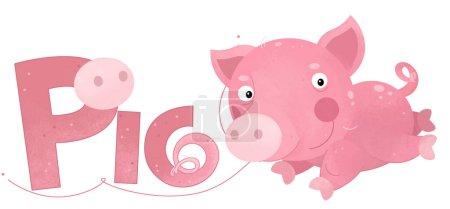 Foto de Escena de dibujos animados con feliz poco cerdo granja animal tema con nombre plantilla aislado fondo ilustración para niños - Imagen libre de derechos