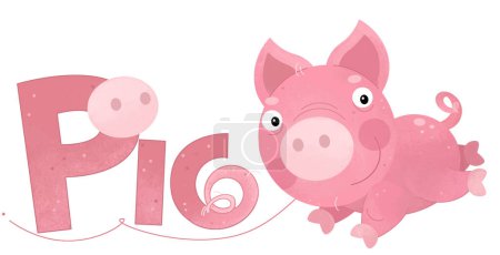 Téléchargez les photos : Scène de dessin animé avec heureuse petite ferme porcine thème animal avec modèle de nom isolé illustration de fond pour les enfants - en image libre de droit