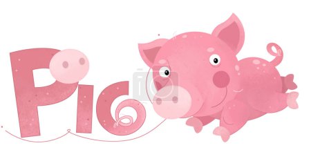 Foto de Escena de dibujos animados con feliz poco cerdo granja animal tema con nombre plantilla aislado fondo ilustración para niños - Imagen libre de derechos