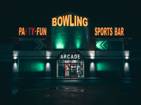 Photo for Bowling alley signs at night, Massapequa, New York - Royalty Free Image