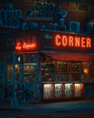 Foto de La Esquina "The Corner" letreros de neón por la noche en Soho, Manhattan, Nueva York - Imagen libre de derechos