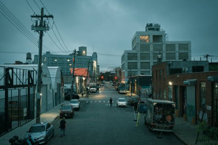 Photo for View of Scott Avenue on a cloudy night, Bushwick, Brooklyn, New York - Royalty Free Image