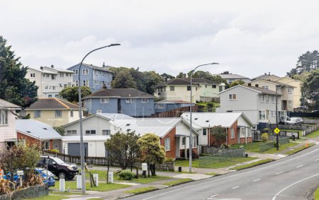 Photo for Porirua, Wellington, New Zealand - April 20, 2023: A section of housing along Warspite Avenue in Porirua, New Zealand. - Royalty Free Image