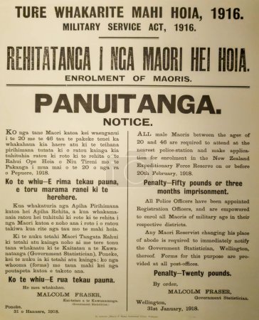 Téléchargez les photos : Waitangi (Nouvelle-Zélande) - 3 juillet 2023 : Un avis de conscription, délivré à tous les hommes maoris en 1918 en vertu de la Loi sur le service militaire de 1916, exposé au Musée de Waitangi. - en image libre de droit