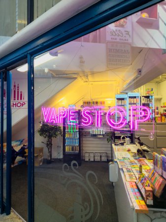 Photo for Wellington, New Zealand - July 27, 2023: Exterior view of Vape Stop shop. Disposable vapes, defined as those without removable or replaceable batteries, will be banned from August. - Royalty Free Image