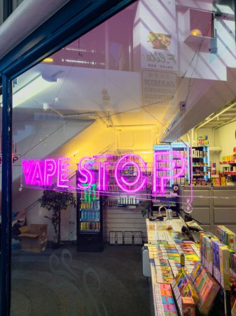 Photo for Wellington, New Zealand - July 27, 2023: Exterior view of Vape Stop shop. Disposable vapes, defined as those without removable or replaceable batteries, will be banned from August. - Royalty Free Image