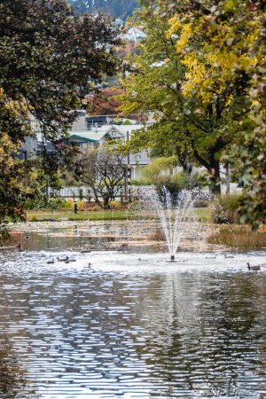 Étang et fontaine en automne au Queenstown Botanical Gardens, Nouvelle-Zélande.