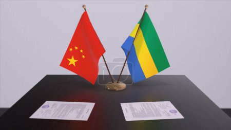 Téléchargez les photos : Drapeau Gabon et Chine. Concept politique, partenariat entre pays. Accord de partenariat des gouvernements Illustration 3D. - en image libre de droit