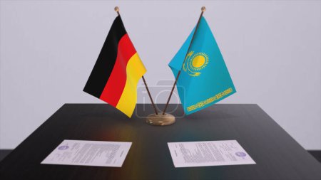 Kazakhstan and Germany flag, politics relationship, national flags. Partnership deal 3D illustration.