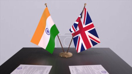 UK and India national flags. Partnership deal 3D illustration, politics and business agreement cooperation.