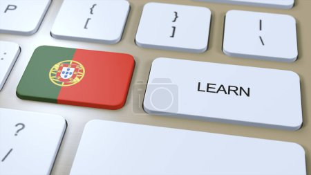 Téléchargez les photos : Apprendre le portugais Concept de langue. Cours d'études en ligne. Bouton avec texte au clavier. Illustration 3D. - en image libre de droit
