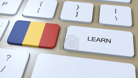 Foto de Aprende el concepto de idioma rumano. Cursos de estudio en línea. Botón con texto en el teclado. Ilustración 3D. - Imagen libre de derechos