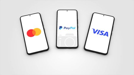 Foto de Nueva York, EE.UU. - 1 de mayo de 2023: PayPal, MasterCard y Visa aplicación Logo en la pantalla del teléfono Ilustración, Editorial ilustrativa. - Imagen libre de derechos