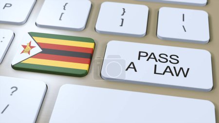 Zimbabwe Country National Flag and Pass a Law Text on Button 3D Illustration.