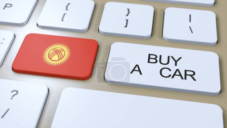 Kirguistán País Bandera Nacional y Botón con Comprar un Coche Texto Ilustración 3D.