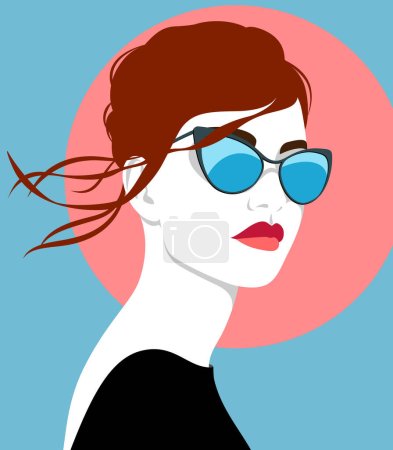 Illustration for Portrait of beautiful redhead woman with full red lips and flowing long wavy hair wearing fashionable sunglasses and black elegant dress with large neckline on the back against blue sky with large orange sun, colorful vector illustration - Royalty Free Image