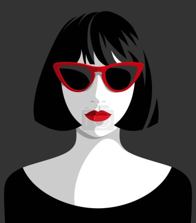 Vector portrait of beautiful young woman wearing red retro sunglasses and black dress, front view