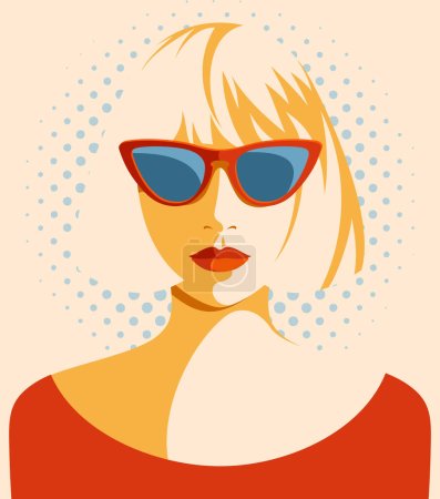 Vector portrait of beautiful young blonde woman wearing red retro sunglasses and red dress, front view