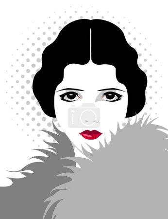 Téléchargez les illustrations : Portrait vectoriel de belle femme élégante rétro aux lèvres rouges et aux cheveux noirs ondulés courts portant un manteau de fourrure sur fond pointillé, mode des années 1930 - en licence libre de droit