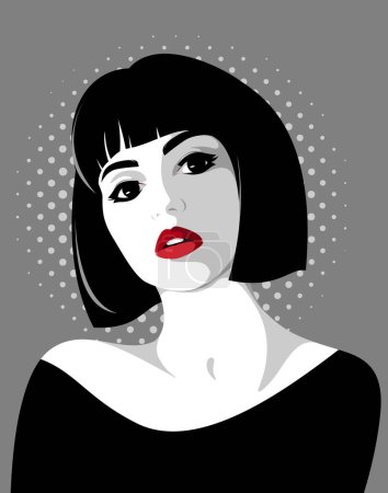 Retrato vectorial de hermosa mujer joven elegante con labios rojos completos y peinado bob francés con vestido negro sobre fondo punteado