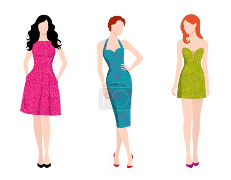 Illustration for Beautiful fashionable three women wearing classy dresses with pattern and court shoes, isolated on white background, colorful vector illustration - Royalty Free Image