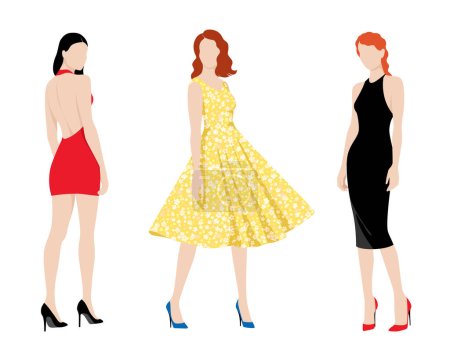 Illustrazione per Belle giovani tre donne che indossano abiti alla moda e scarpe corte, isolate su sfondo bianco, illustrazione vettoriale colorata - Immagini Royalty Free