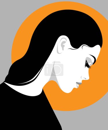 Téléchargez les illustrations : Belle jeune femme réfléchie aux cheveux longs ondulés noirs, portant une robe noire, simple portrait vectoriel, profil - en licence libre de droit