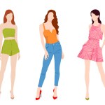 Three beautiful young women wearing fashionable outfits and court shoes, isolated on white background, colorful vector illustration