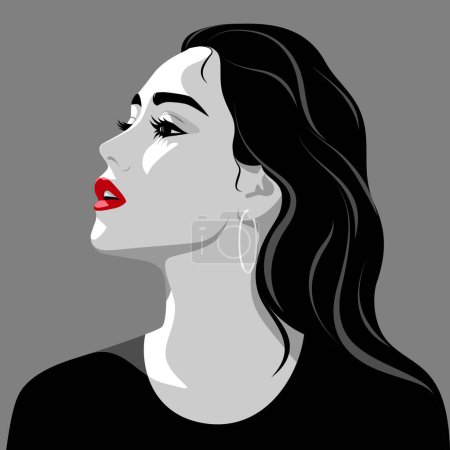 Ilustración de Ilustración simple de atractiva mujer joven sensual con labios rojos abiertos y pelo largo y ondulado negro, con pendientes de aro y vestido negro, retrato vectorial - Imagen libre de derechos