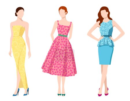 Ilustración de Hermosa joven tres mujeres que usan vestidos de moda y zapatos de la corte, aislado sobre fondo blanco, ilustración de vectores de colores - Imagen libre de derechos