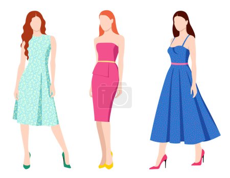 Beautiful young three women wearing fashionable dresses and high heel shoes, isolated on white background, colorful vector illustration