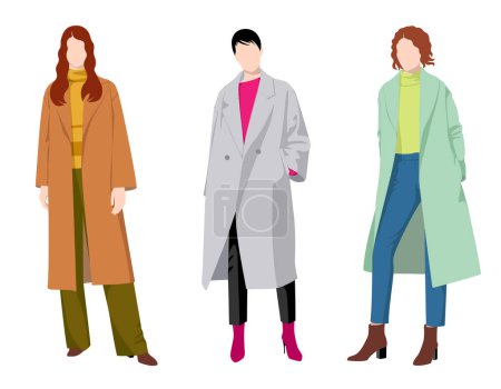 Illustration for Beautiful young three women dressed in various fashionable clothes, isolated on white background, colorful vector illustration - Royalty Free Image