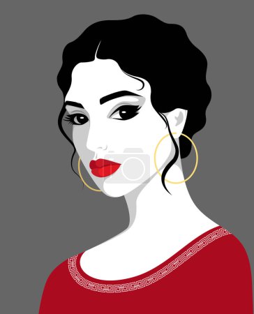Belle jeune femme aux cheveux noirs ondulés, aux yeux foncés profonds et aux lèvres rouges pleines, portant une robe rouge et une boucle d'oreille en cerceau doré, regardant attentivement, illustration vectorielle colorée