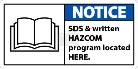 Ilustración de Aviso SDS y HazCom ubicados aquí firman sobre fondo blanco - Imagen libre de derechos