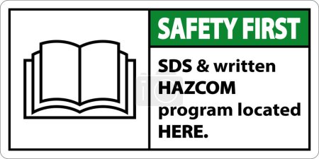 Ilustración de Seguridad primero SDS y HazCom localizado aquí Firme en fondo blanco - Imagen libre de derechos