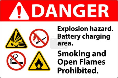 Ilustración de Peligro signo de peligro de explosión, área de carga de la batería, fumar y abrir llamas prohibidas - Imagen libre de derechos